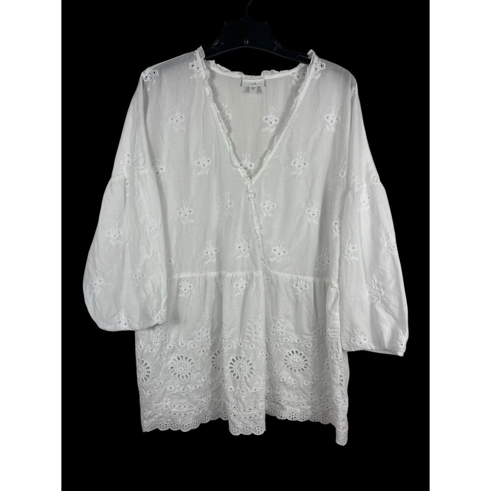 J. Jill XL White Cotton Eyelet Embroidered Tunic Blouse Boho Peasant Top